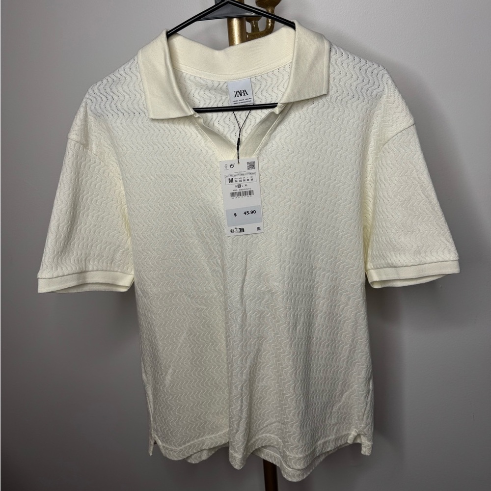 Zara Off-White Textured Polo Shirt for Men